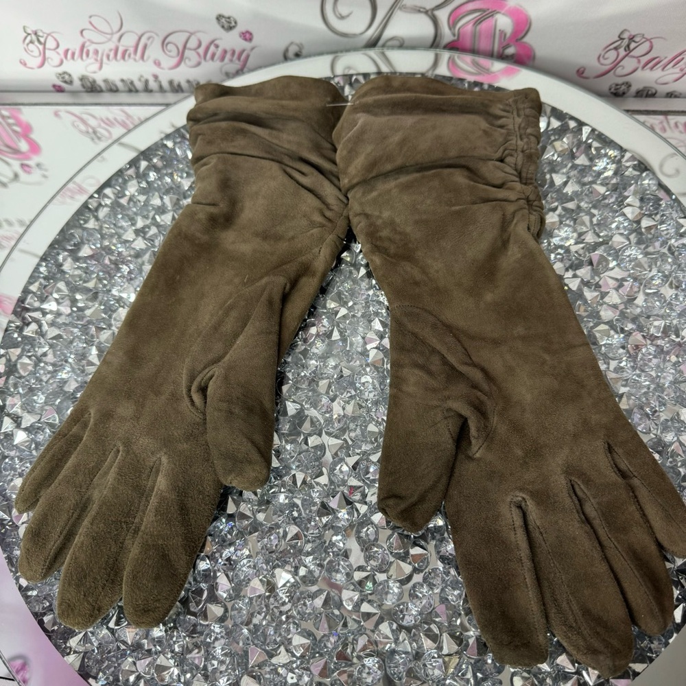 Holt renfrew gloves mittens taupe brown grey nude leather silk cinched sides 7 - Picture 7 of 16